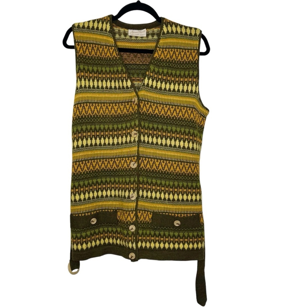 Vintage Avon Knit 100% Pure Wool Green Brown Yellow Fair Isle Belted Button Vest